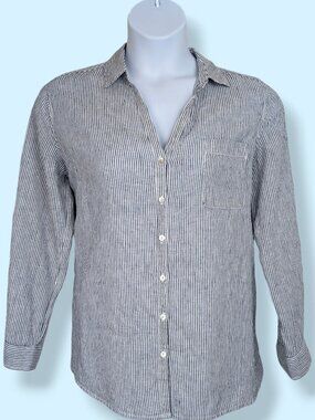 Sigrid Olsen 100% Linen Striped Roll Tab Buttoned Top